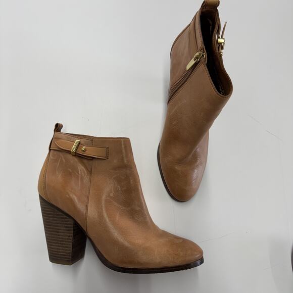 Coach Hewes Boots Womens Size 9B Tan Leather Chunky Heel Ankle Zip Western Style - Picture 1 of 9